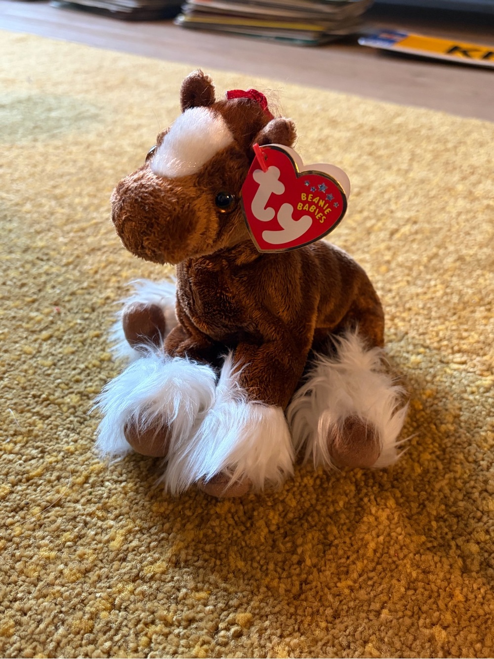 Ty Brown and White Horse Beanie Baby Plush with Fluffy Hooves